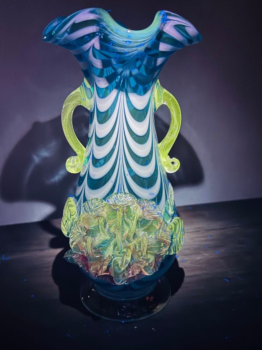 大正～昭和初期 日本製 手付ガラス花瓶 高24 5cm アンティーク 大正